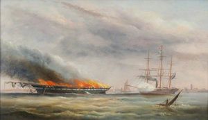 La fregata HMS Falcon Tentativo di Lavello bombardando Burning Hulk del trasporto truppe, Monarch orientale