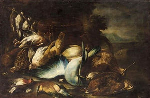 A still life with a woodcock and other birds in a landscape