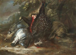 A still life with dead game and a porcupine hanging from a branch