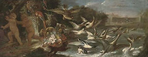 An eagle attacking ducks in a pond with putti escaping in an Italianate garden