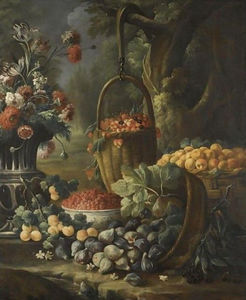 An upturned basket of figs, together with apricots, other fruit and flowers in a landscape setting