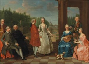 A portrait of Jacques-Jean Cremers (1736-after and his wife, dancing, on a garden terrace surrounded by other members of the family playing music (1803))