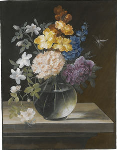 Still life with a carnation, briar rose and other flowers in a glass vase