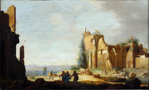 Landscape with classical ruins and Christ with his disciples on the road to Emmaus.