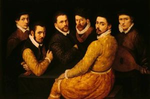 Un grupo de seis hombres, entre ellos un autorretrato