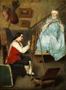 年轻 画家 portraiting 一个  年轻 妇女  在 蓝色丝绸 礼服 .