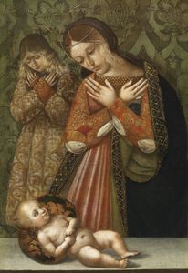 Mary and an angel in Adoration of the Child