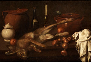 BIG Still life with hare, ONIONS AND DISHES