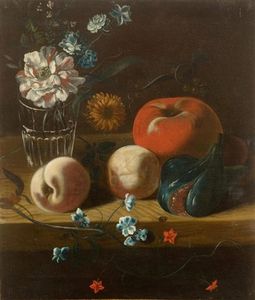 Still life of fruits with flowers in a glass