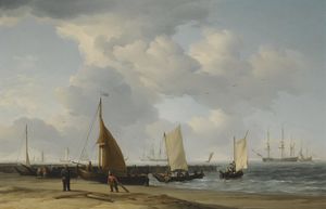 Una scena sulla spiaggia olandese con un uomo-di-guerra in the Distance