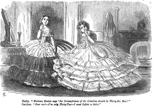 Two women dressing for a ball in inflatable crinoline dresses