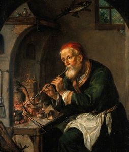 An Alchemist Blowing on a Fire to Heat a Still