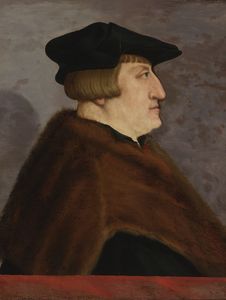 侧面肖像 的 一个 先生们 , 半 lenght , 穿着 小号 黑帽 和外套 与 毛皮 , 前 栏杆