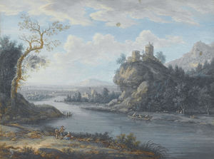 A river landscape with anglers in the foreground and travellers on a path beyond