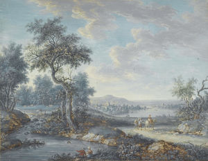 A river landscape with figures angling and a village beyond