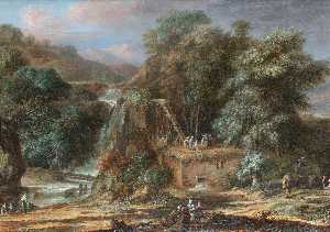 A river landscape with figures constructing an aqueduct beside waterfalls, oriental figures and camels nearby