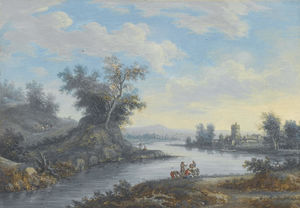 A rocky river landscape with travellers on a country path and figures resting beside a waterfall