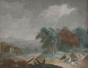 A wooded landscape with horsemen taking shelter in a storm