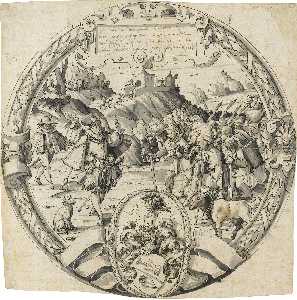 A roundel with a historical scene from and the arms of thomann of zurich