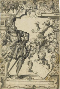The arms of the Escher zum Luchs with a musketeer, a battle scene above