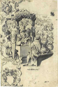 The prodigal son being entertained by musicians, the harvest taking place in the distance