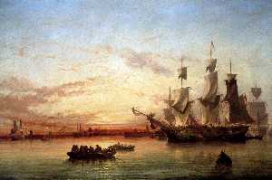ein Aussiedler  Schiff  Bucht von Dublin  Sonnenuntergang