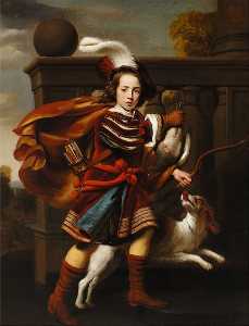 Ritratto di un giovane ragazzo come un cacciatore con la sua Re charles spaniel