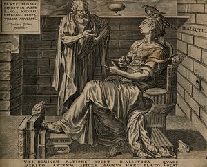 An old man discourses with a woman with a bird on her head