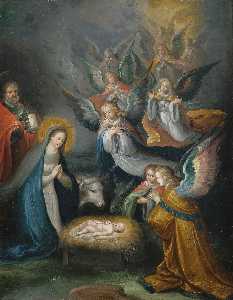el santo familia con ángeles en adoración de los Niño .