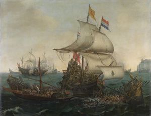 Dutch ships ramming Spanish galleys off the English coast