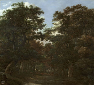 Forest with riders and dogs