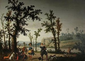 Landscape with hunters.