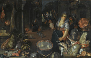 A kitchen still life with a maid and her admirer next to a table with dead hares, fowl, bread rolls