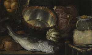 Un bodegón con un pescados , cebollas , col , queso y cobre ollas