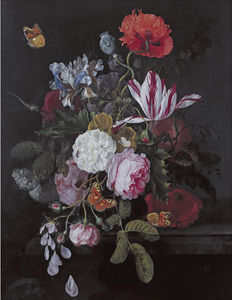 Still life with peonies, roses, irises, poppies and a tulip with butterflies, a dragonfly and other insects on a ledge