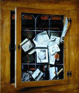 Un trompe l oeil de una puerta del armario acristalado abierto, con numerosos artículos y objetos