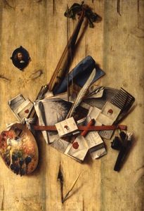 Trompe l'oeil with violin, painter's implements and self-portrait.
