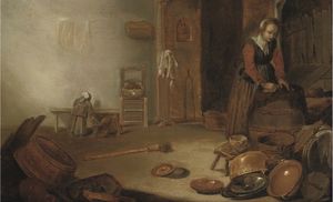 A kitchen interior with a maid cleaning