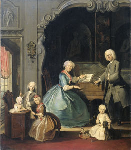 Family group at a harpsichord.