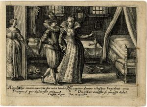 Woman leading a blindfolded man to a bed