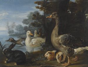 Ducks, guinea pigs and a rabbit in a wooded landscape beside a lake