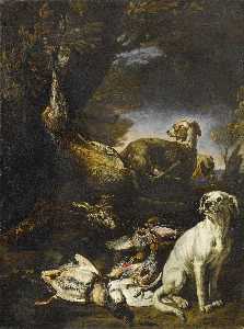 Cazado juego están vigilados por perros en un bosque paisaje