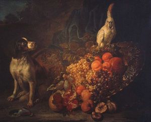 Ostentatious still life with dog and parrot