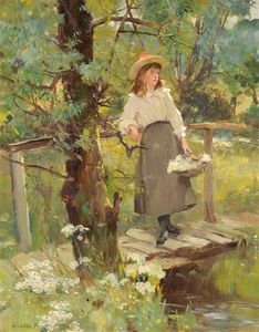 Girl on a sunlit bridge in a flower-strewn meadow