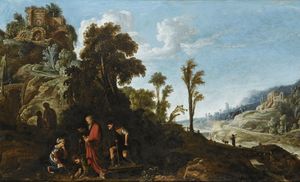 An extensive wooded landscape with a biblical scene