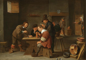 A tavern interior with peasants drinking, smoking and gambling