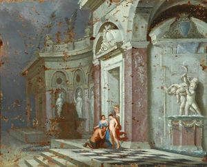 Júpiter y Alcmena en un marco arquitectónico