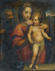 Santa familia , con el virgen el apoyo a la cristo de pie niño en una piedra cornisa