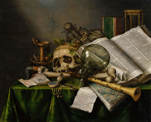Vanitas - Naturaleza muerta con libros y manuscritos y un cráneo