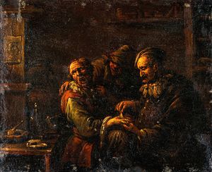 A man removing a plaster from the back of a man's hand.